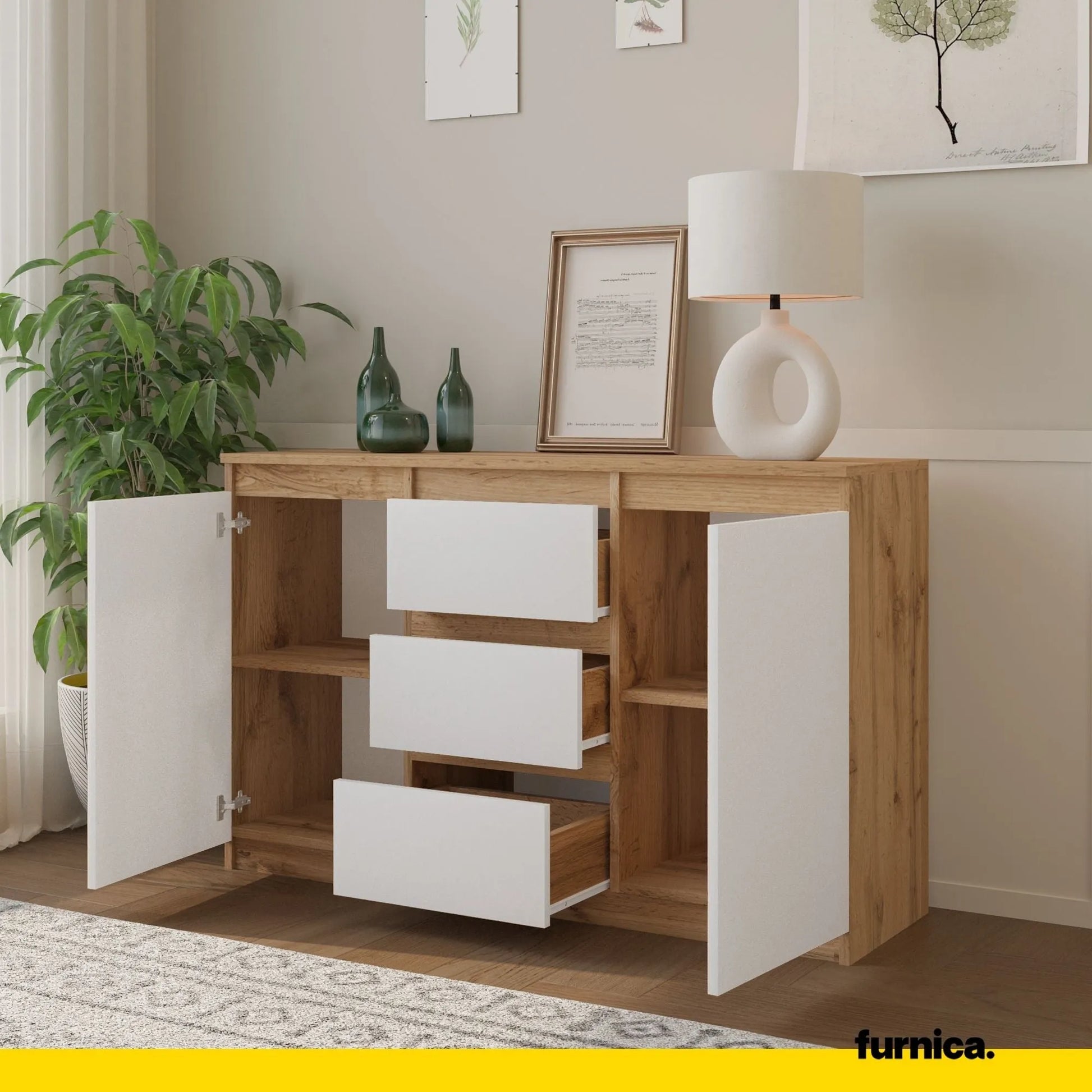 MIKEL - Kommode / Sideboard mit 3 Schubladen und 2 Türen - Wotan Eiche / Weiß Matt H75cm B120cm T35cm – Furnica