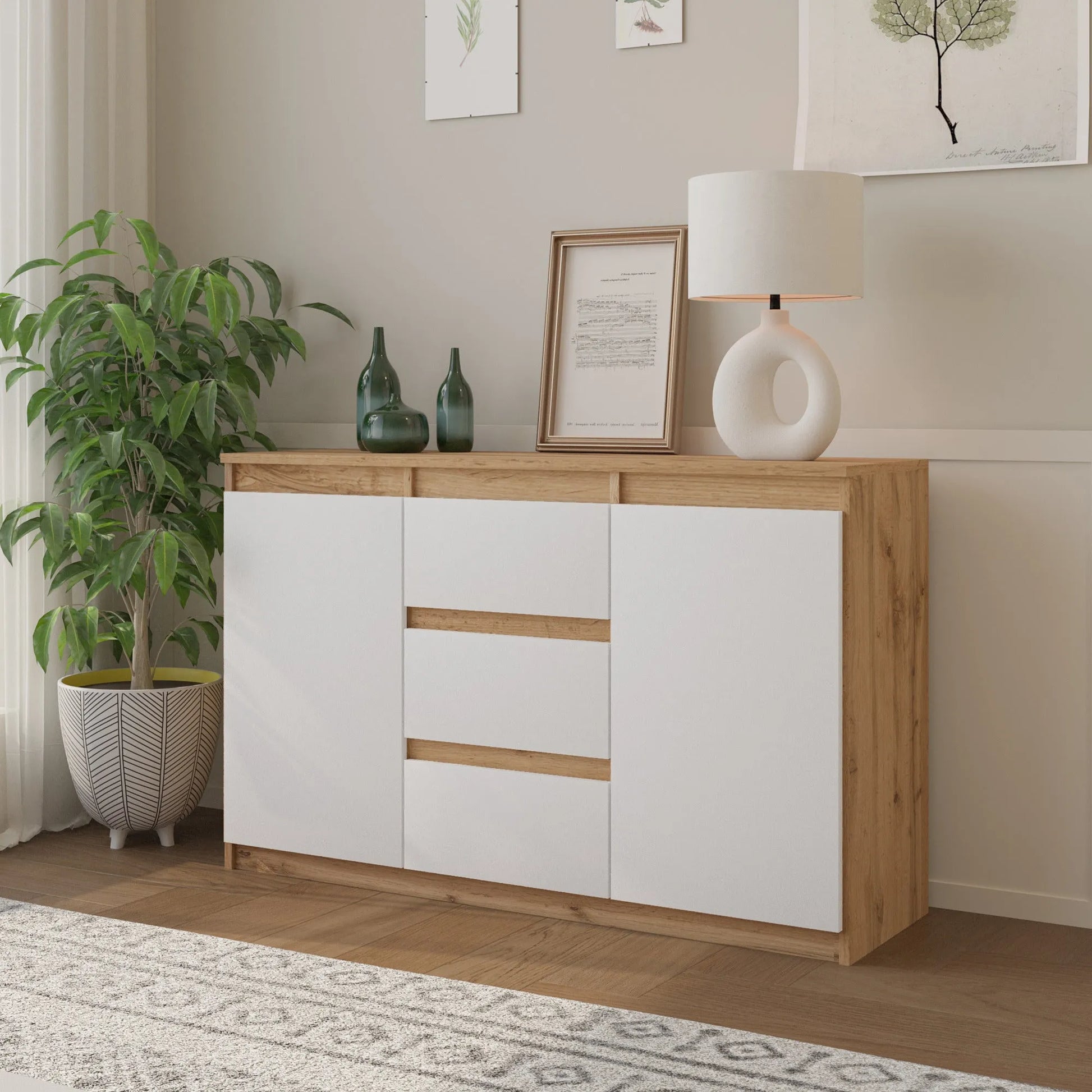 MIKEL - Kommode / Sideboard mit 3 Schubladen und 2 Türen - Wotan Eiche / Weiß Matt H75cm B120cm T35cm – Furnica