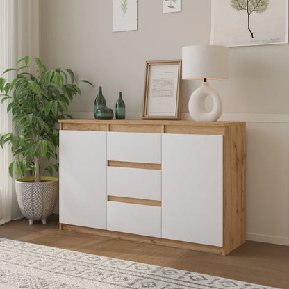 MIKEL - Kommode / Sideboard mit 3 Schubladen und 2 Türen - Wotan Eiche / Weiß Matt H75cm B120cm T35cm – Furnica