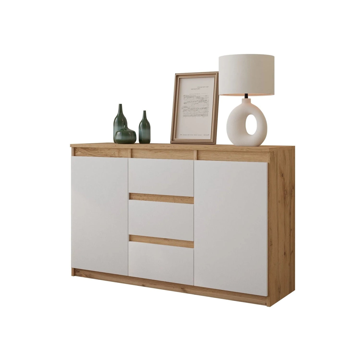 MIKEL - Kommode / Sideboard mit 3 Schubladen und 2 Türen - Wotan Eiche / Weiß Matt H75cm B120cm T35cm – Furnica