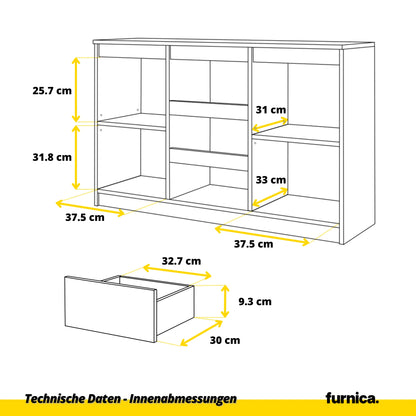 MIKEL - Kommode / Sideboard mit 3 Schubladen und 2 Türen - Wotan Eiche / Weiß Matt H75cm B120cm T35cm – Furnica