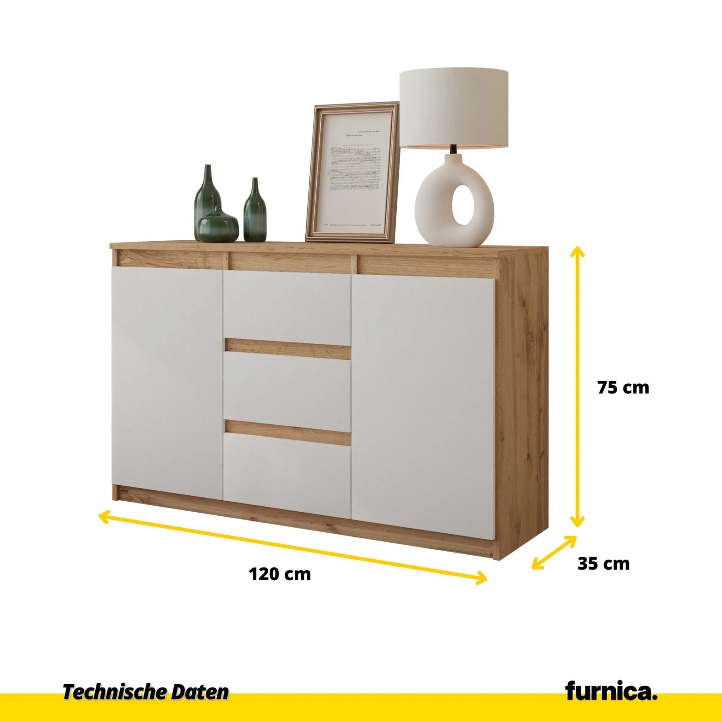 MIKEL - Kommode / Sideboard mit 3 Schubladen und 2 Türen - Wotan Eiche / Weiß Matt H75cm B120cm T35cm – Furnica