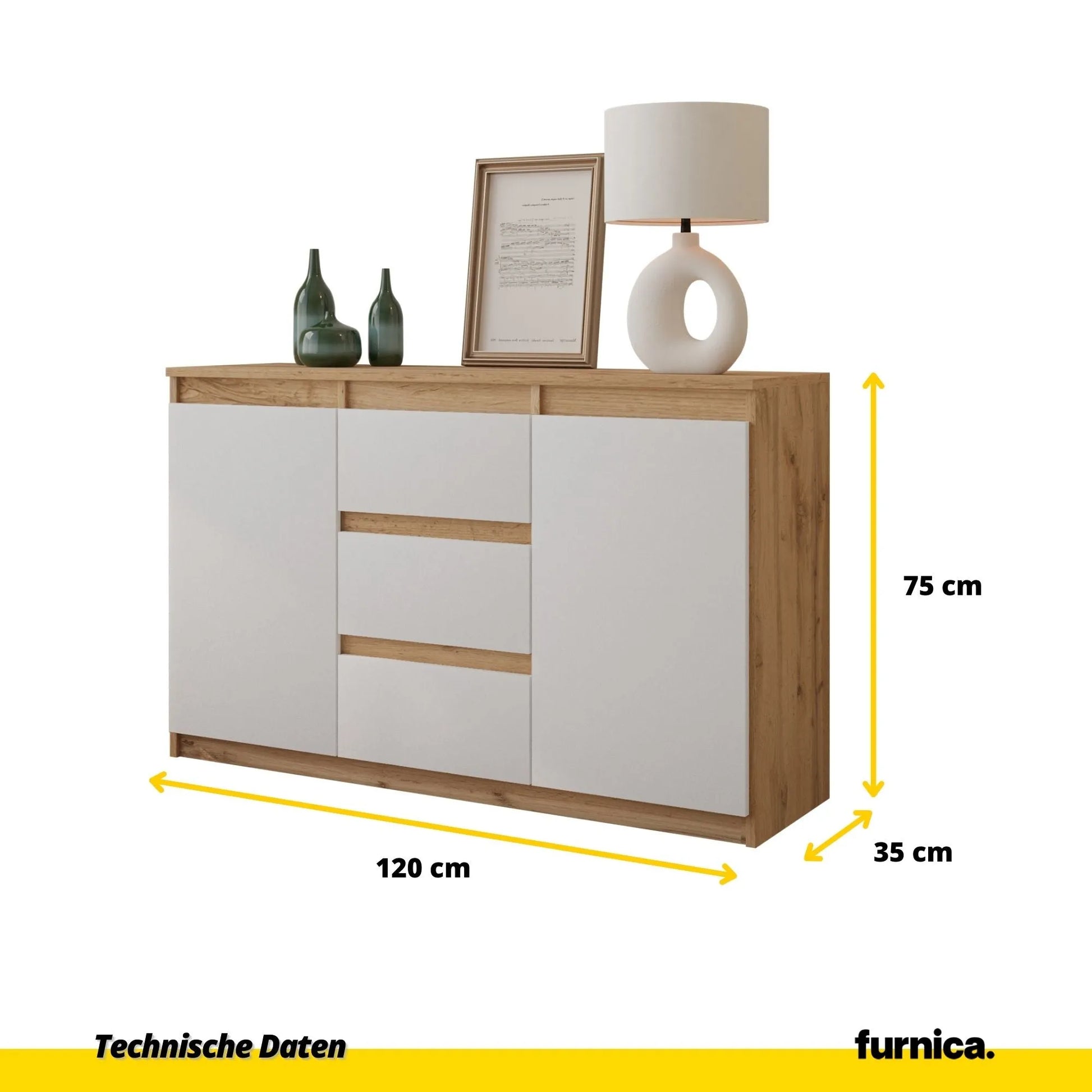 MIKEL - Kommode / Sideboard mit 3 Schubladen und 2 Türen - Wotan Eiche / Weiß Matt H75cm B120cm T35cm – Furnica