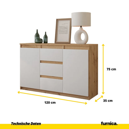 MIKEL - Kommode / Sideboard mit 3 Schubladen und 2 Türen - Wotan Eiche / Weiß Matt H75cm B120cm T35cm – Furnica