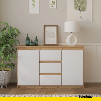 MIKEL - Kommode / Sideboard mit 3 Schubladen und 2 Türen - Wotan Eiche / Weiß Matt H75cm B120cm T35cm – Furnica