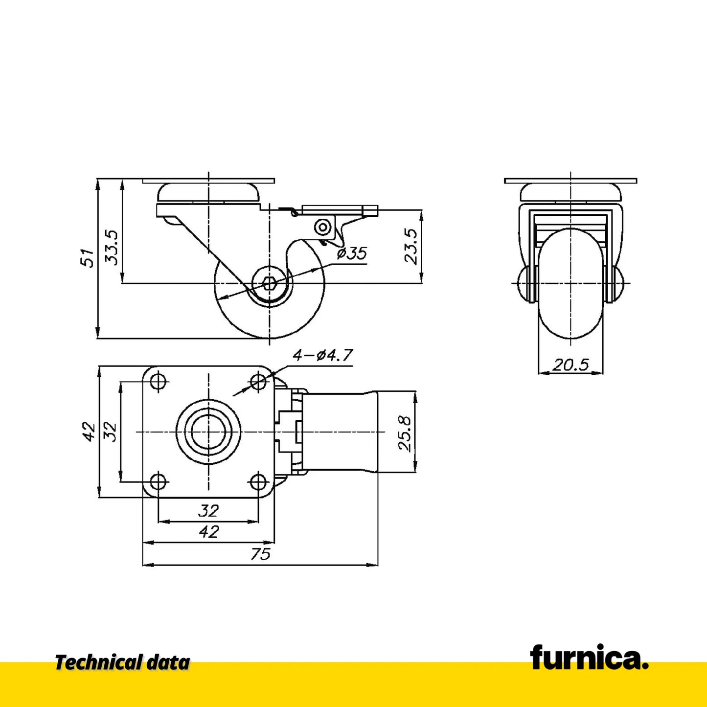 Möbelrad mit Platte und Bremse - transparent - Chrom - Ø3,5cm – Furnica