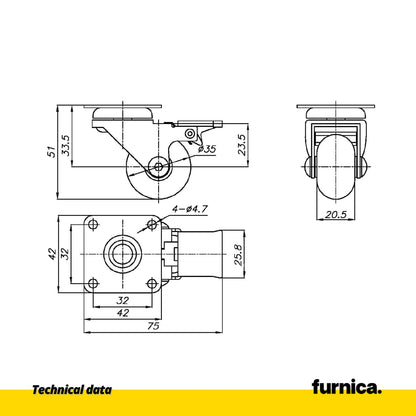 Möbelrad mit Platte und Bremse - transparent - Chrom - Ø3,5cm – Furnica