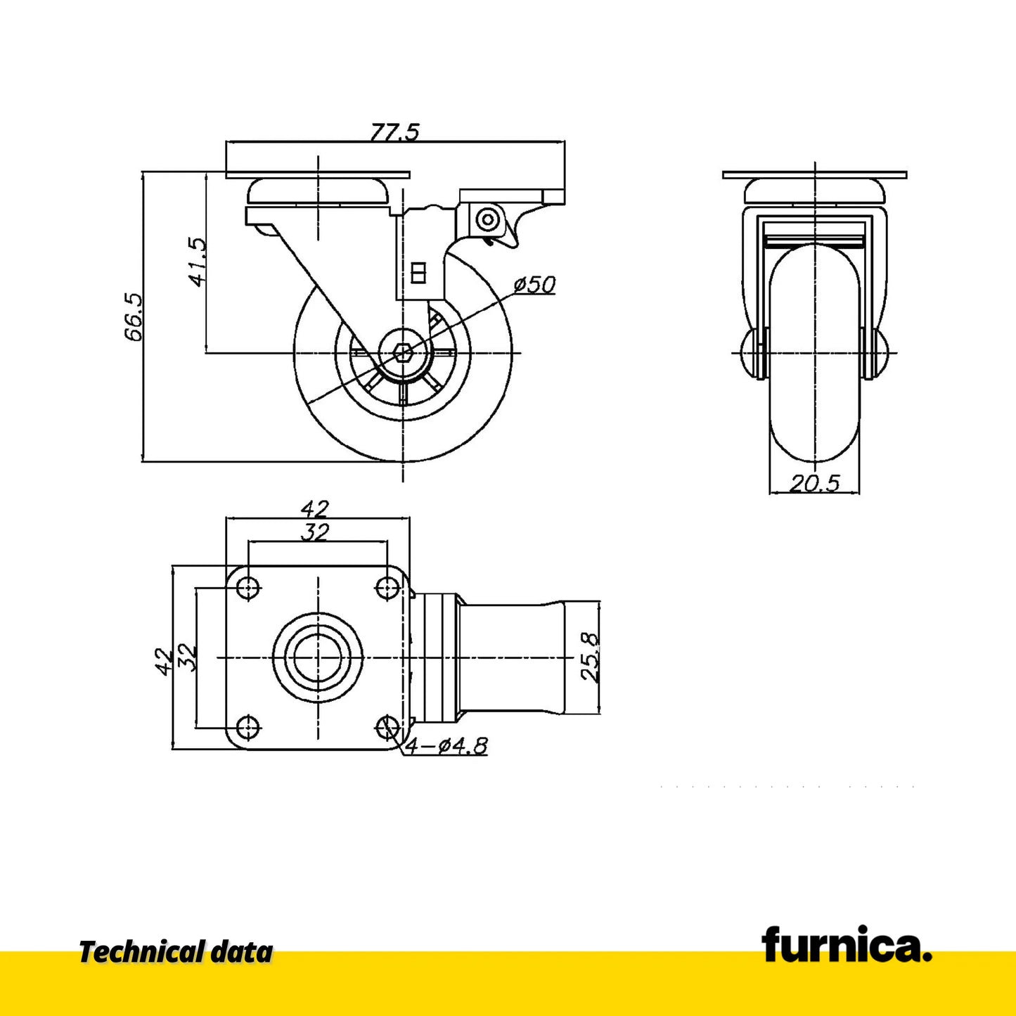 Möbelrad mit Platte und Bremse - transparent - Chrom - Ø5,0cm – Furnica