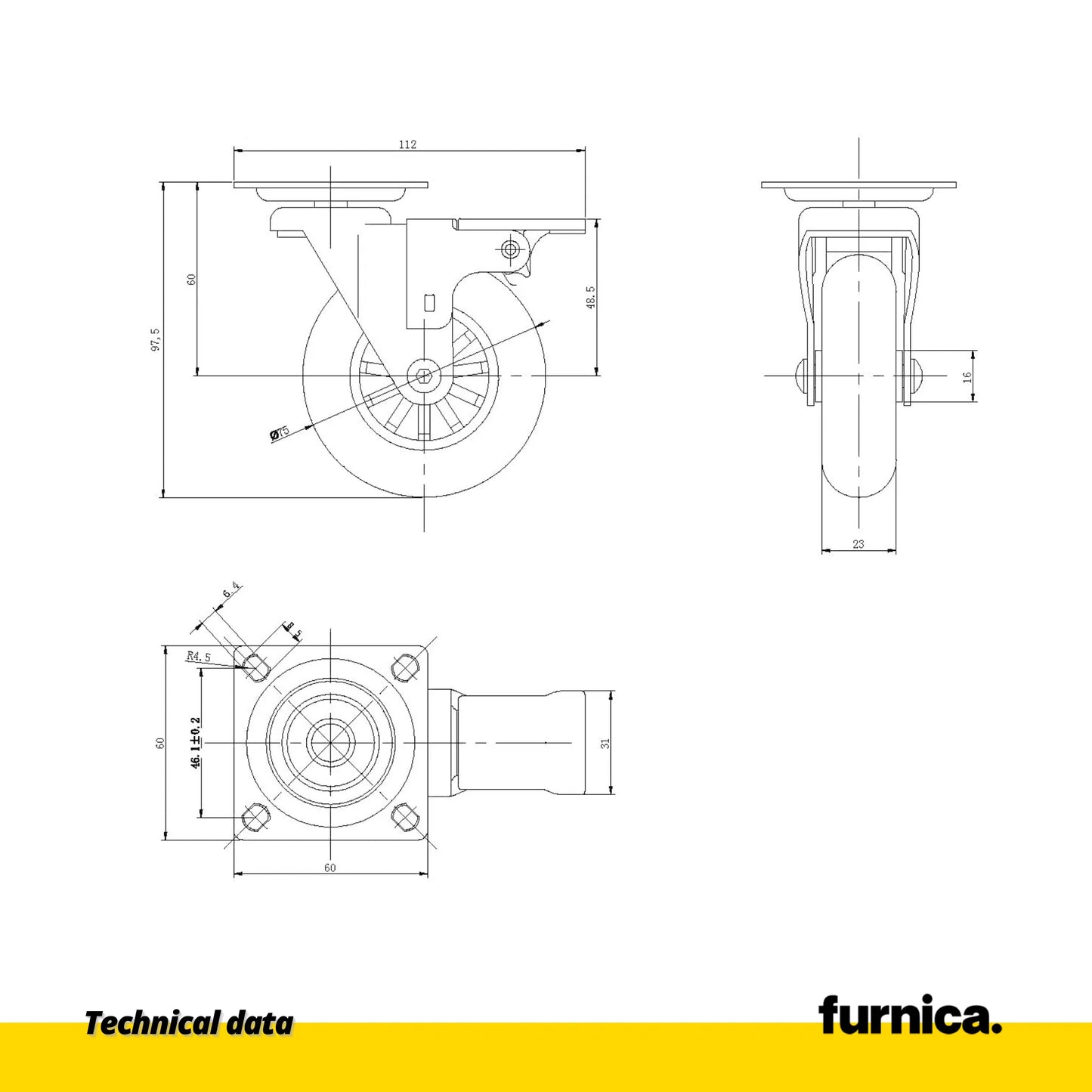 Möbelrad mit Platte und Bremse - transparent - Chrom - Ø7,5cm – Furnica