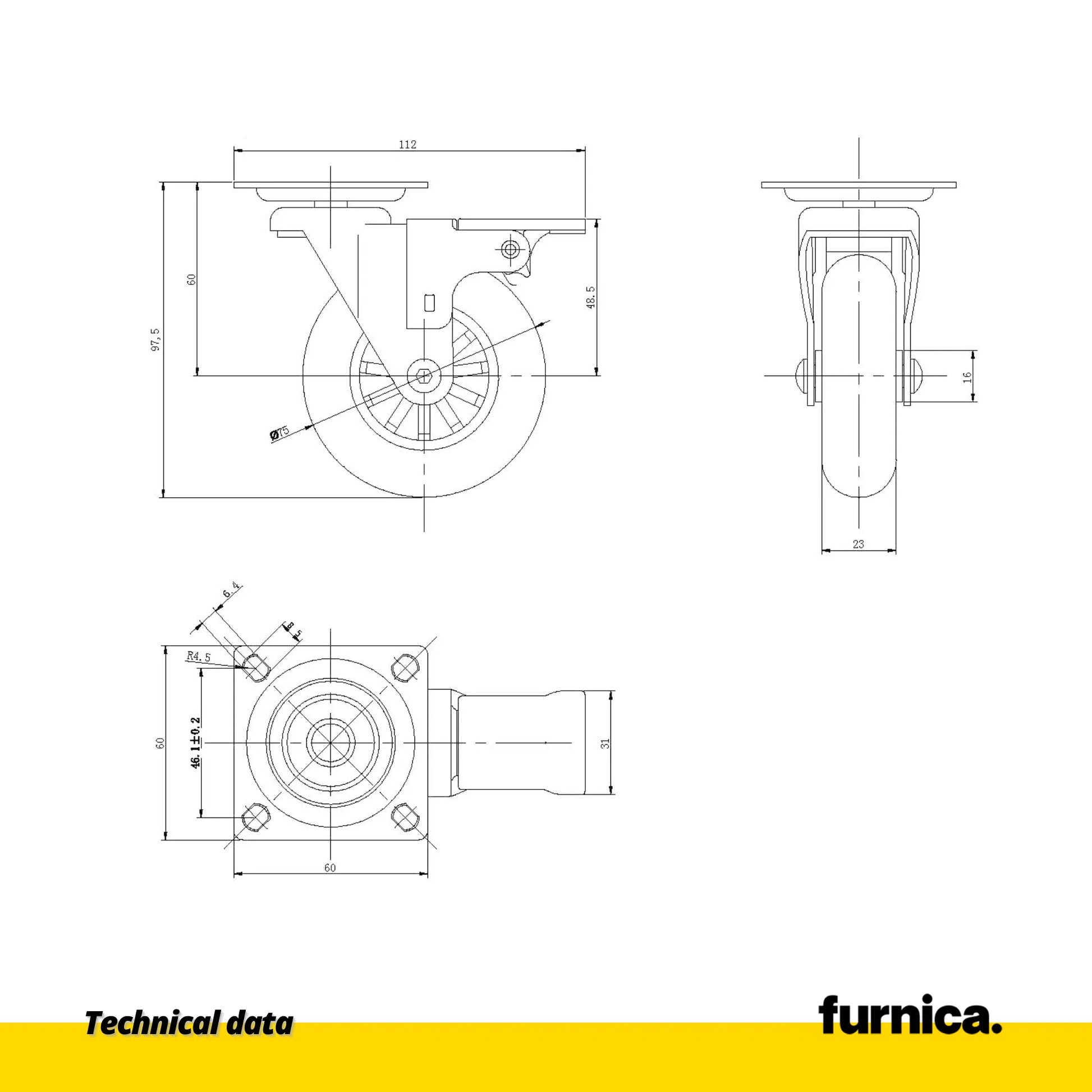 Möbelrad mit Platte und Bremse - transparent - Chrom - Ø7,5cm – Furnica