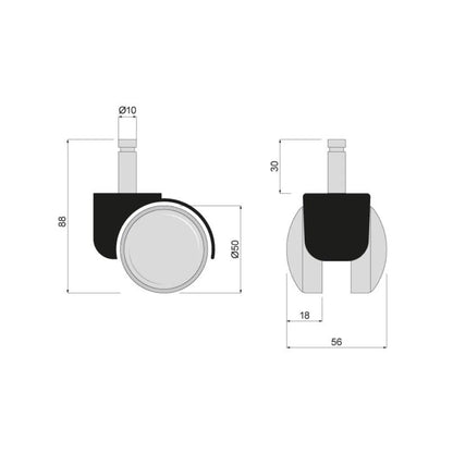 Möbelschwenkrad aus Kunststoff mit Befestigungsstift 10mm - Ø50mm – Furnica