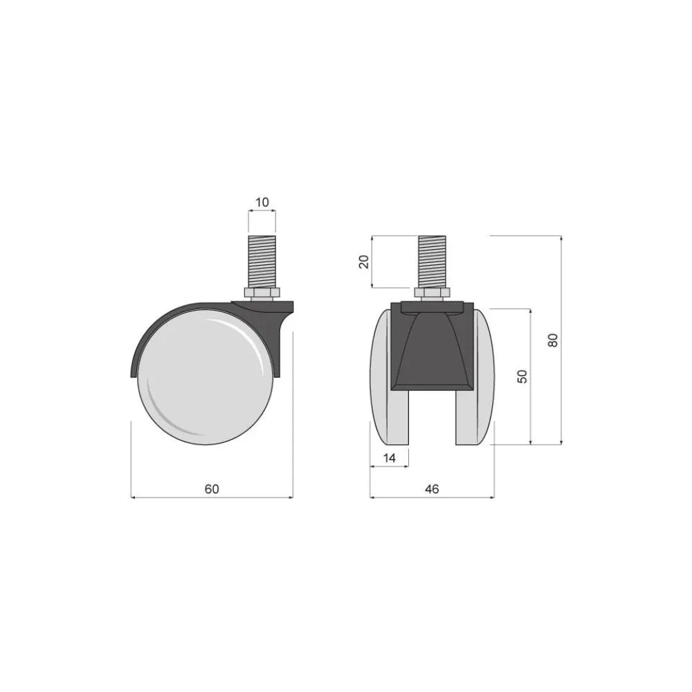 Möbelschwenkrad aus Kunststoff mit Gewinde 10mm - Ø60mm – Furnica
