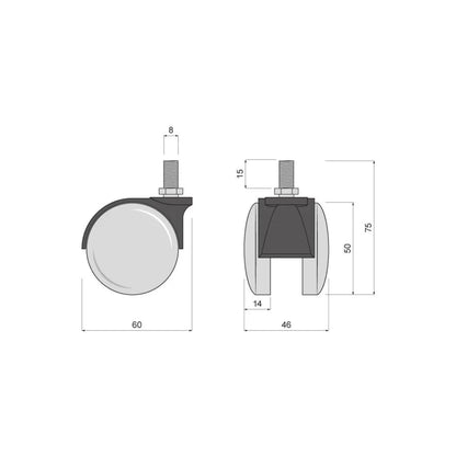Möbelschwenkrad aus Kunststoff mit Gewinde 8mm - Ø60mm – Furnica