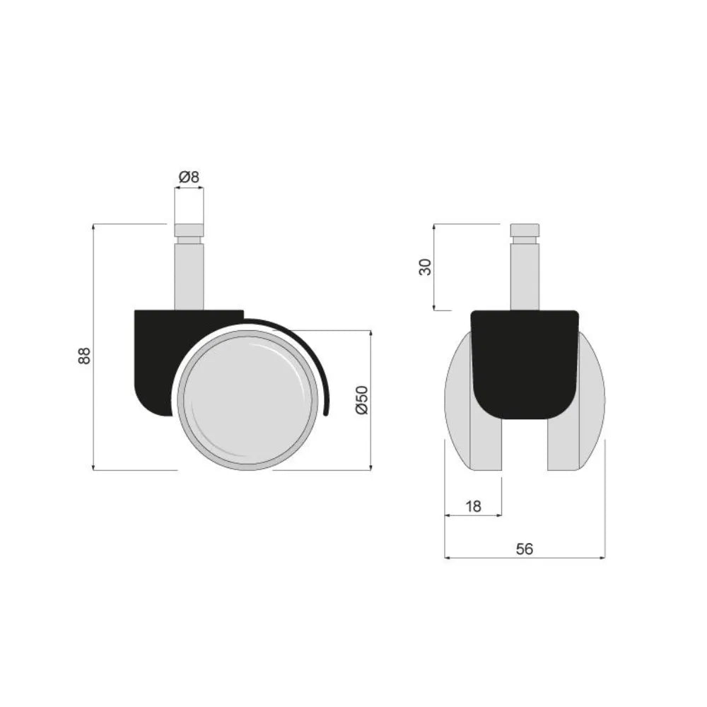 Möbelschwenkrad aus Kunststoff mit Montagestift 8mm und Hülse - Ø50mm – Furnica