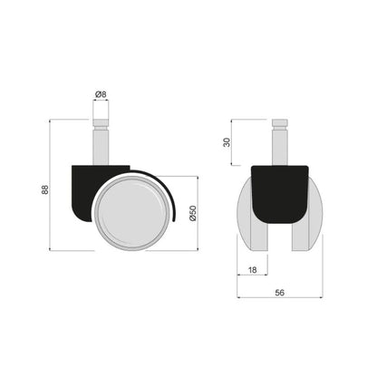 Möbelschwenkrad aus Kunststoff mit Montagestift 8mm und Hülse - Ø50mm – Furnica