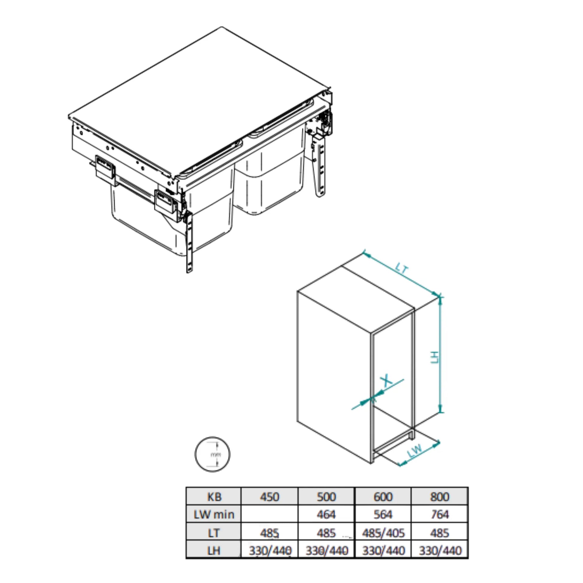 Mülleimer Mülltrennung 2 x 15L - 45cm, T = 480mm H = 320mm Küchenschrank  - Anthrazit Grau – Furnica
