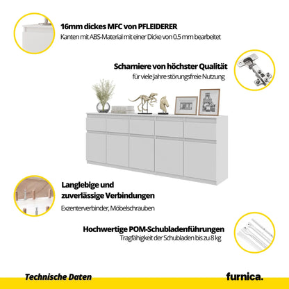 NOAH - Kommode mit 5 Schubladen und 5 Türen - Schlafzimmer Kommode Aufbewahrung Schrank Sideboard - Weiß Matt / Wotan Eiche H75cm B200cm T35cm – Furnica