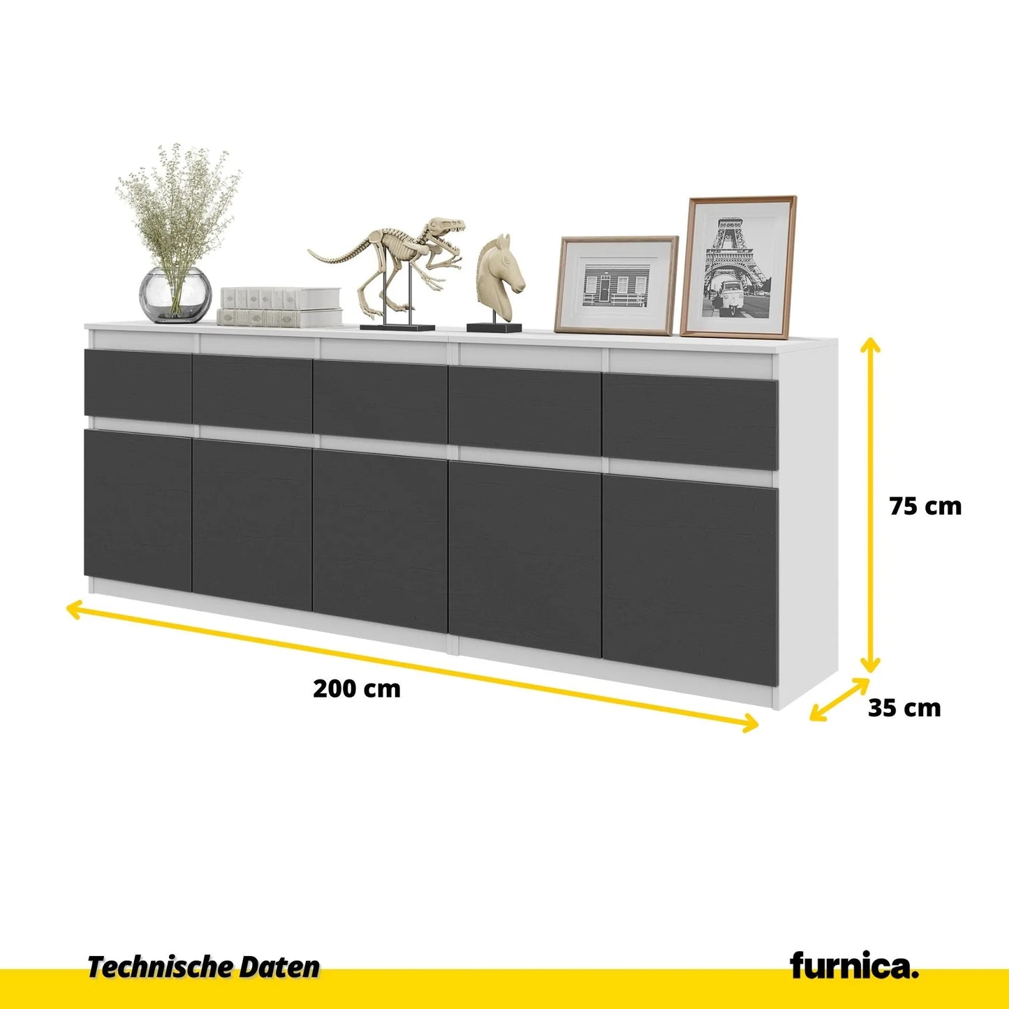 NOAH - Kommode mit 5 Schubladen und 5 Türen - Schlafzimmer Kommode Aufbewahrung Schrank Sideboard - Weiß Matt / Anthrazit H75cm B200cm T35cm – Furnica