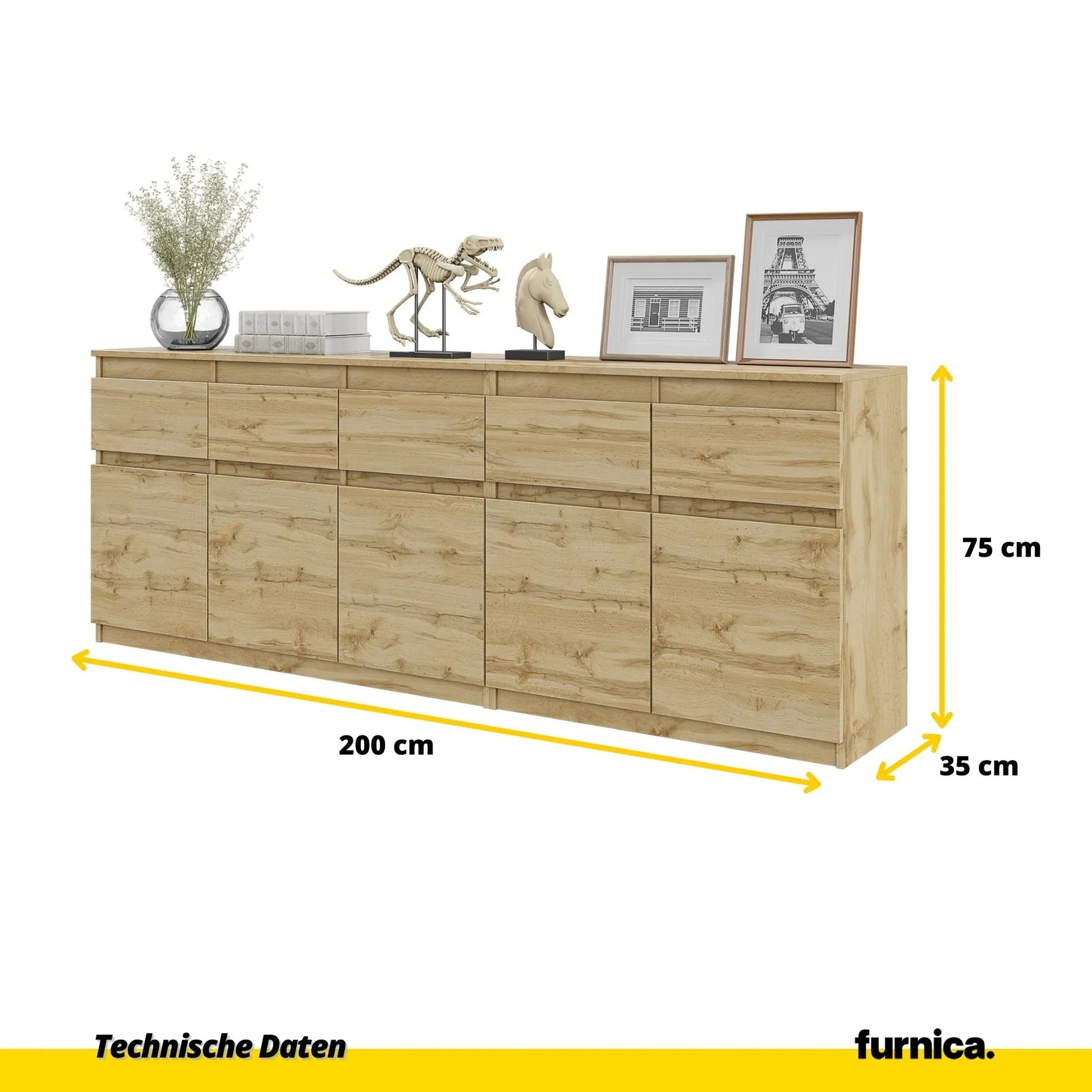 NOAH - Kommode mit 5 Schubladen und 5 Türen - Schlafzimmer Kommode Aufbewahrung Schrank Sideboard - Wotan Eiche H75cm B200cm T35cm – Furnica