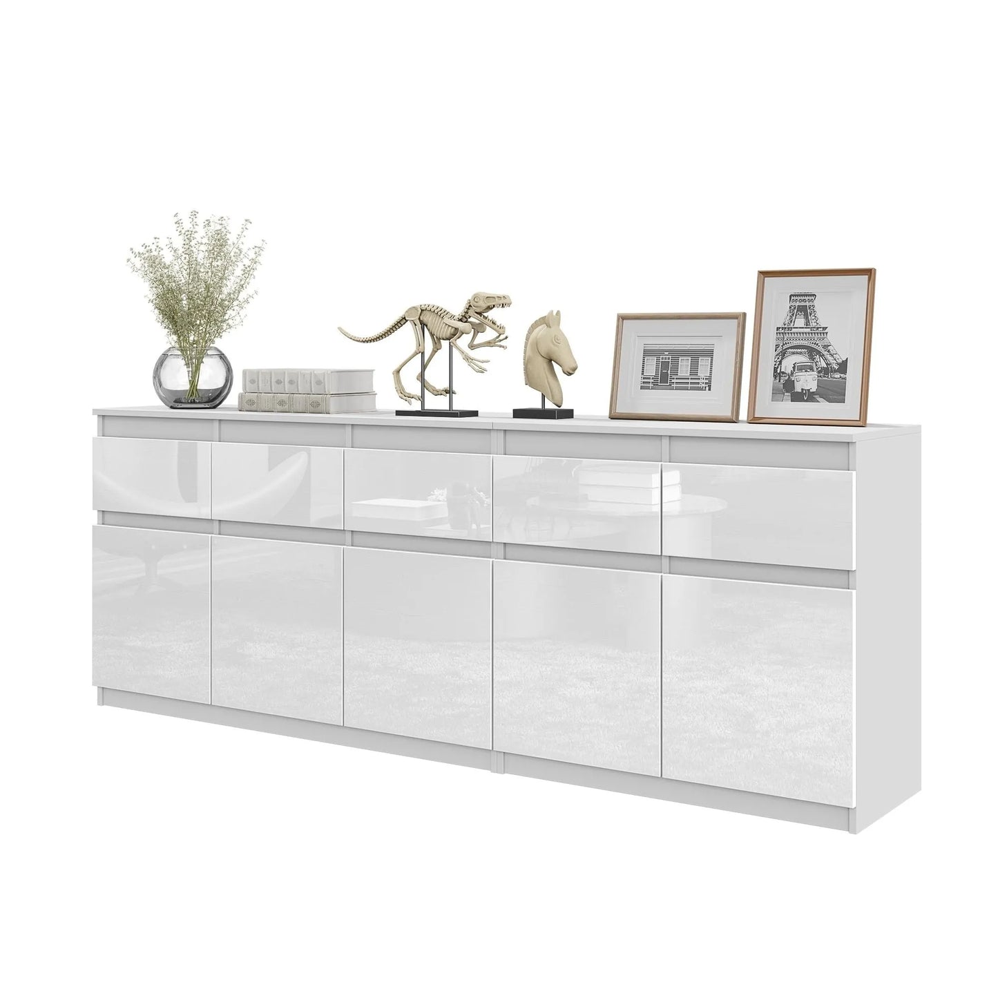 NOAH - Kommode mit 5 Schubladen und 5 Türen - Schlafzimmer Kommode Aufbewahrung Schrank Sideboard - Weiß Matt / Weiß Glanz H75cm B200cm T35cm – Furnica