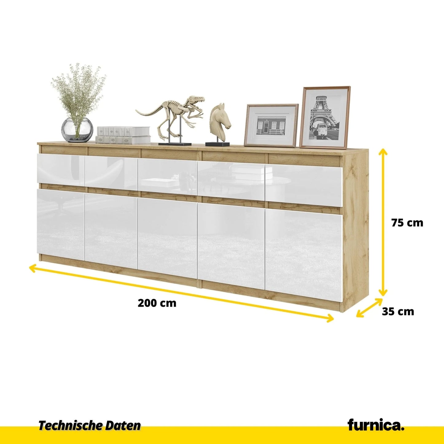 NOAH - Kommode mit 5 Schubladen und 5 Türen - Schlafzimmer Kommode Aufbewahrung Schrank Sideboard - Wotan Eiche / Weiß Glanz H75cm B200cm T35cm – Furnica