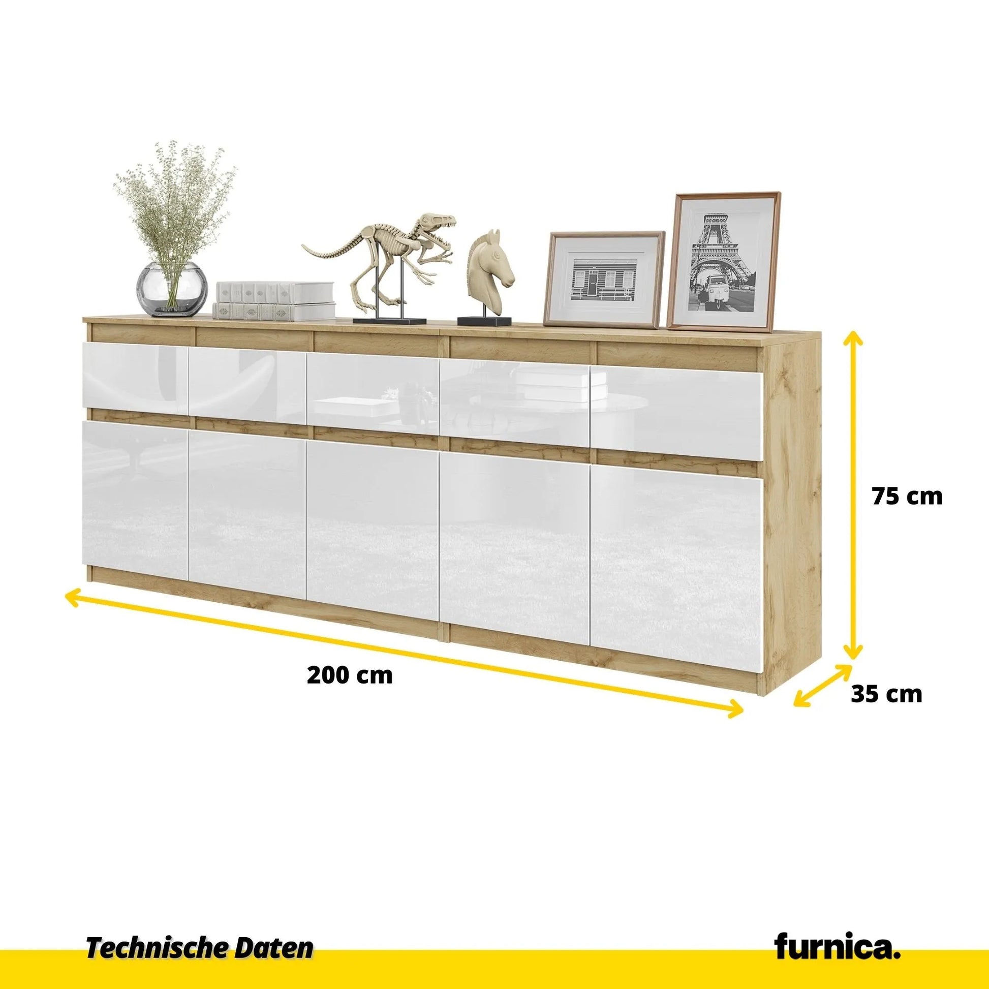 NOAH - Kommode mit 5 Schubladen und 5 Türen - Schlafzimmer Kommode Aufbewahrung Schrank Sideboard - Wotan Eiche / Weiß Glanz H75cm B200cm T35cm – Furnica