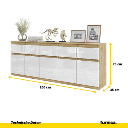NOAH - Kommode mit 5 Schubladen und 5 Türen - Schlafzimmer Kommode Aufbewahrung Schrank Sideboard - Wotan Eiche / Weiß Glanz H75cm B200cm T35cm – Furnica