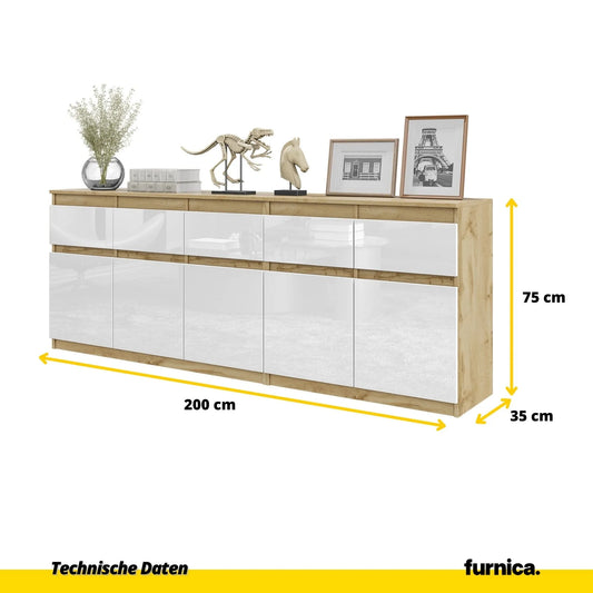 NOAH - Kommode mit 5 Schubladen und 5 Türen - Schlafzimmer Kommode Aufbewahrung Schrank Sideboard - Wotan Eiche / Weiß Glanz H75cm B200cm T35cm – Furnica