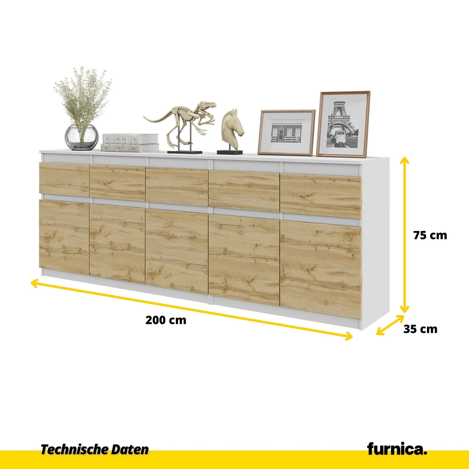 NOAH - Kommode mit 5 Schubladen und 5 Türen - Schlafzimmer Kommode Aufbewahrung Schrank Sideboard - Weiß Matt / Wotan Eiche H75cm B200cm T35cm – Furnica