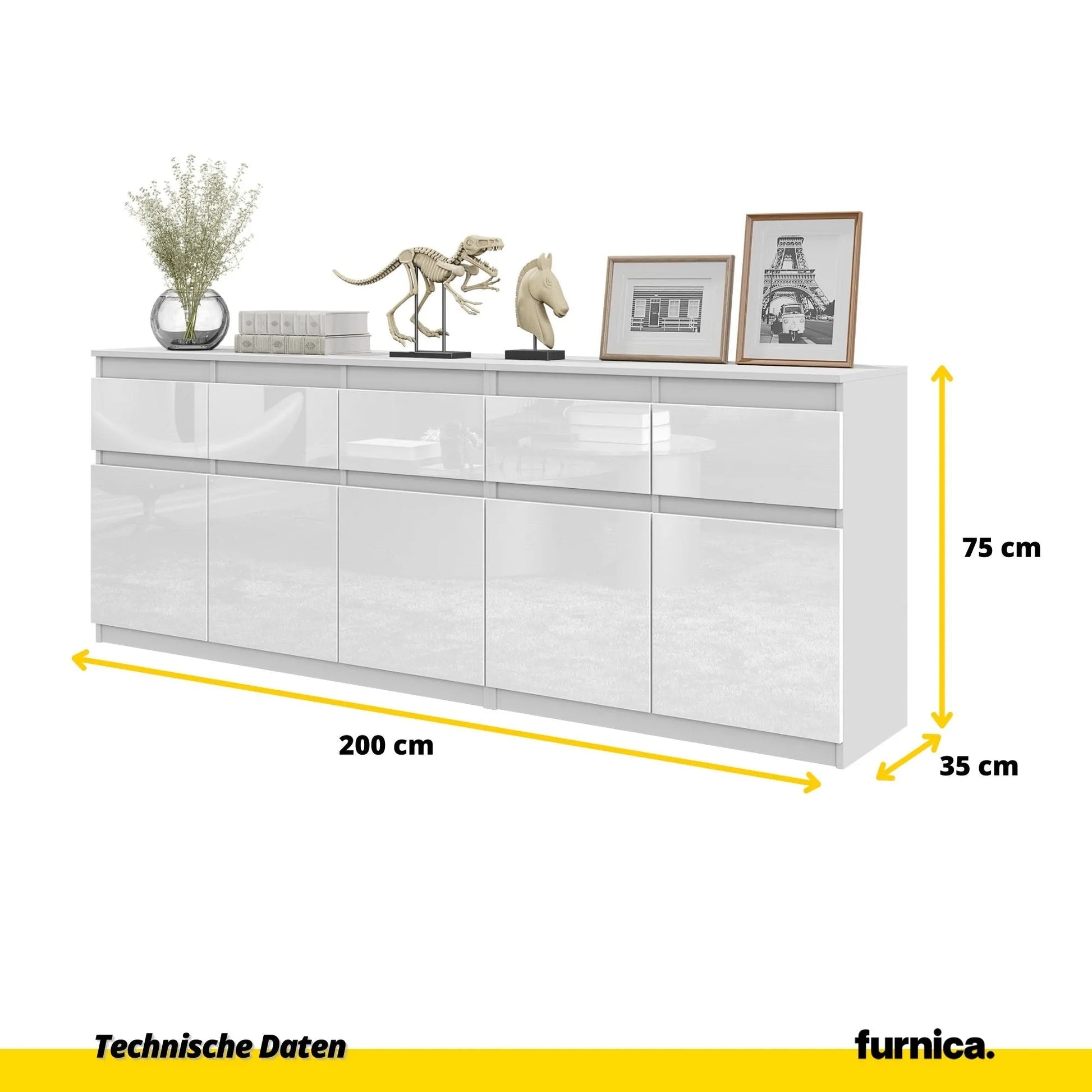 NOAH - Kommode mit 5 Schubladen und 5 Türen - Schlafzimmer Kommode Aufbewahrung Schrank Sideboard - Weiß Matt / Weiß Glanz H75cm B200cm T35cm – Furnica