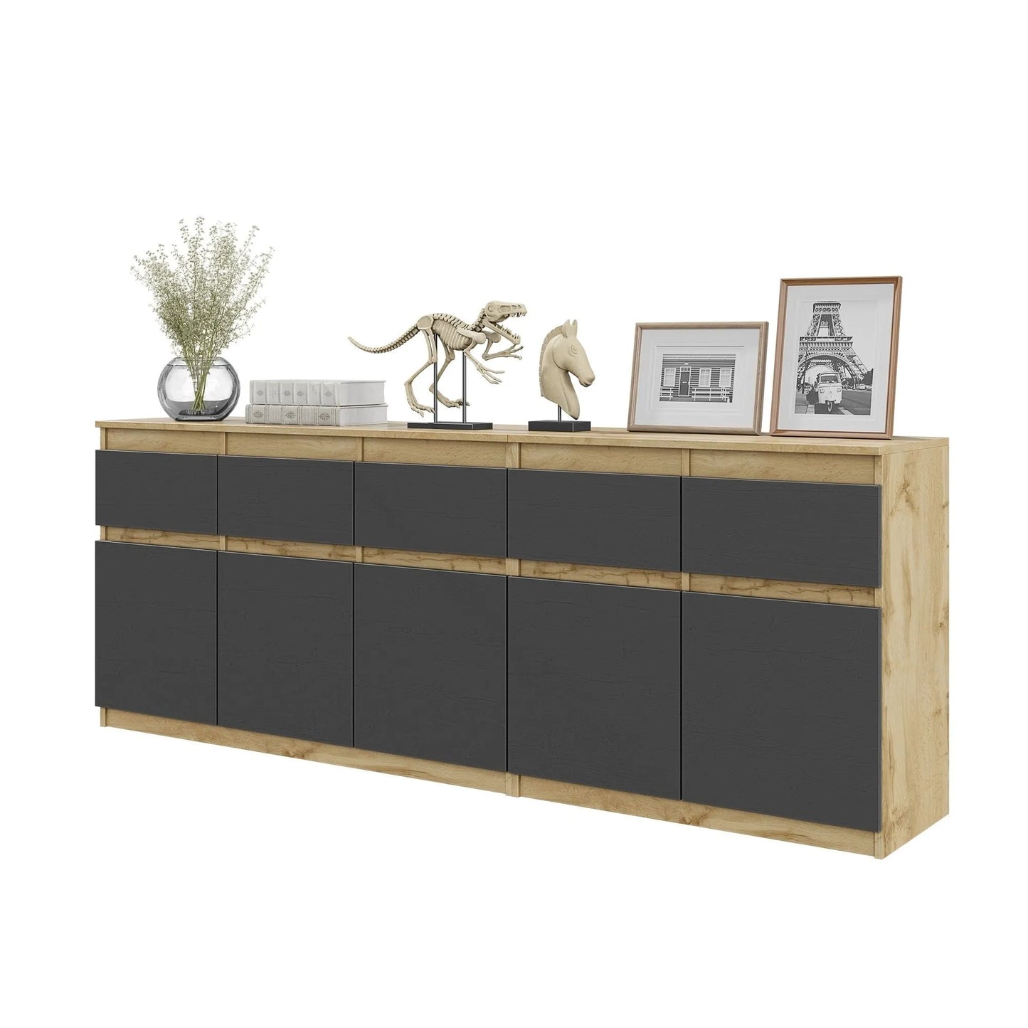 NOAH - Kommode mit 5 Schubladen und 5 Türen - Schlafzimmer Kommode Aufbewahrung Schrank Sideboard - Wotan Eiche / Anthrazit H75cm B200cm T35cm – Furnica