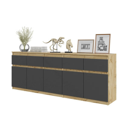 NOAH - Kommode mit 5 Schubladen und 5 Türen - Schlafzimmer Kommode Aufbewahrung Schrank Sideboard - Wotan Eiche / Anthrazit H75cm B200cm T35cm – Furnica
