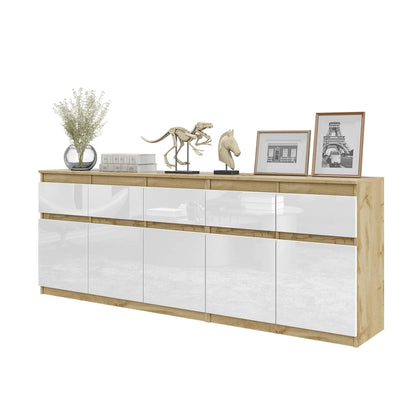 NOAH - Kommode mit 5 Schubladen und 5 Türen - Schlafzimmer Kommode Aufbewahrung Schrank Sideboard - Wotan Eiche / Weiß Glanz H75cm B200cm T35cm – Furnica