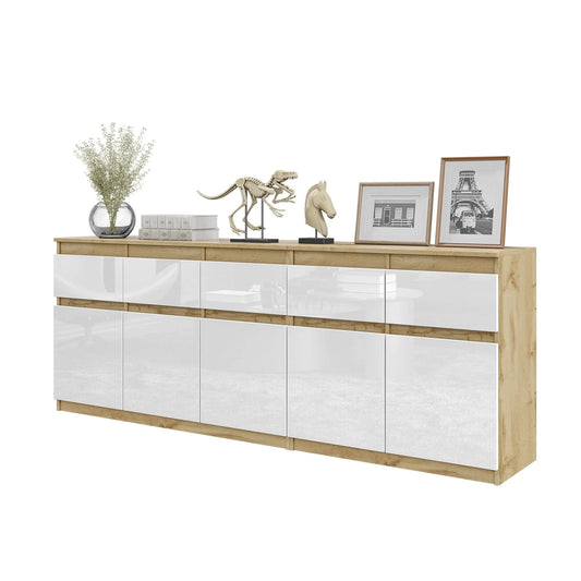 NOAH - Kommode mit 5 Schubladen und 5 Türen - Schlafzimmer Kommode Aufbewahrung Schrank Sideboard - Wotan Eiche / Weiß Glanz H75cm B200cm T35cm – Furnica