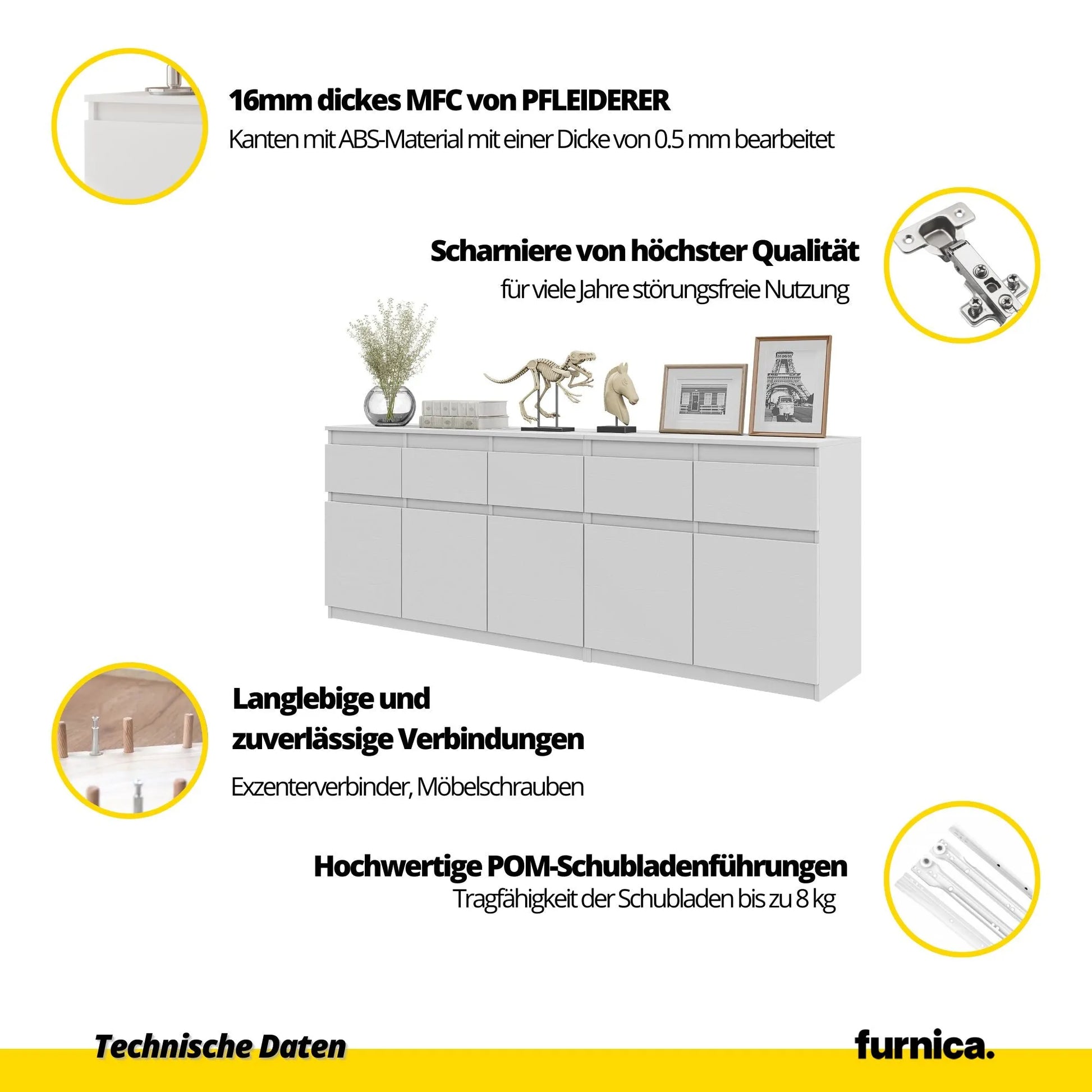 NOAH - Kommode mit 5 Schubladen und 5 Türen - Schlafzimmer Kommode Aufbewahrung Schrank Sideboard - Weiß Matt / Anthrazit H75cm B200cm T35cm – Furnica
