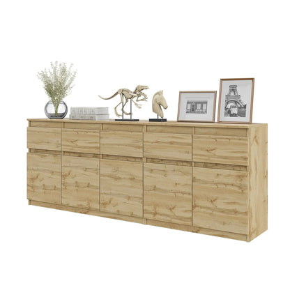 NOAH - Kommode mit 5 Schubladen und 5 Türen - Schlafzimmer Kommode Aufbewahrung Schrank Sideboard - Wotan Eiche H75cm B200cm T35cm – Furnica