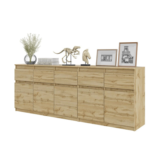 NOAH - Kommode mit 5 Schubladen und 5 Türen - Schlafzimmer Kommode Aufbewahrung Schrank Sideboard - Wotan Eiche H75cm B200cm T35cm – Furnica