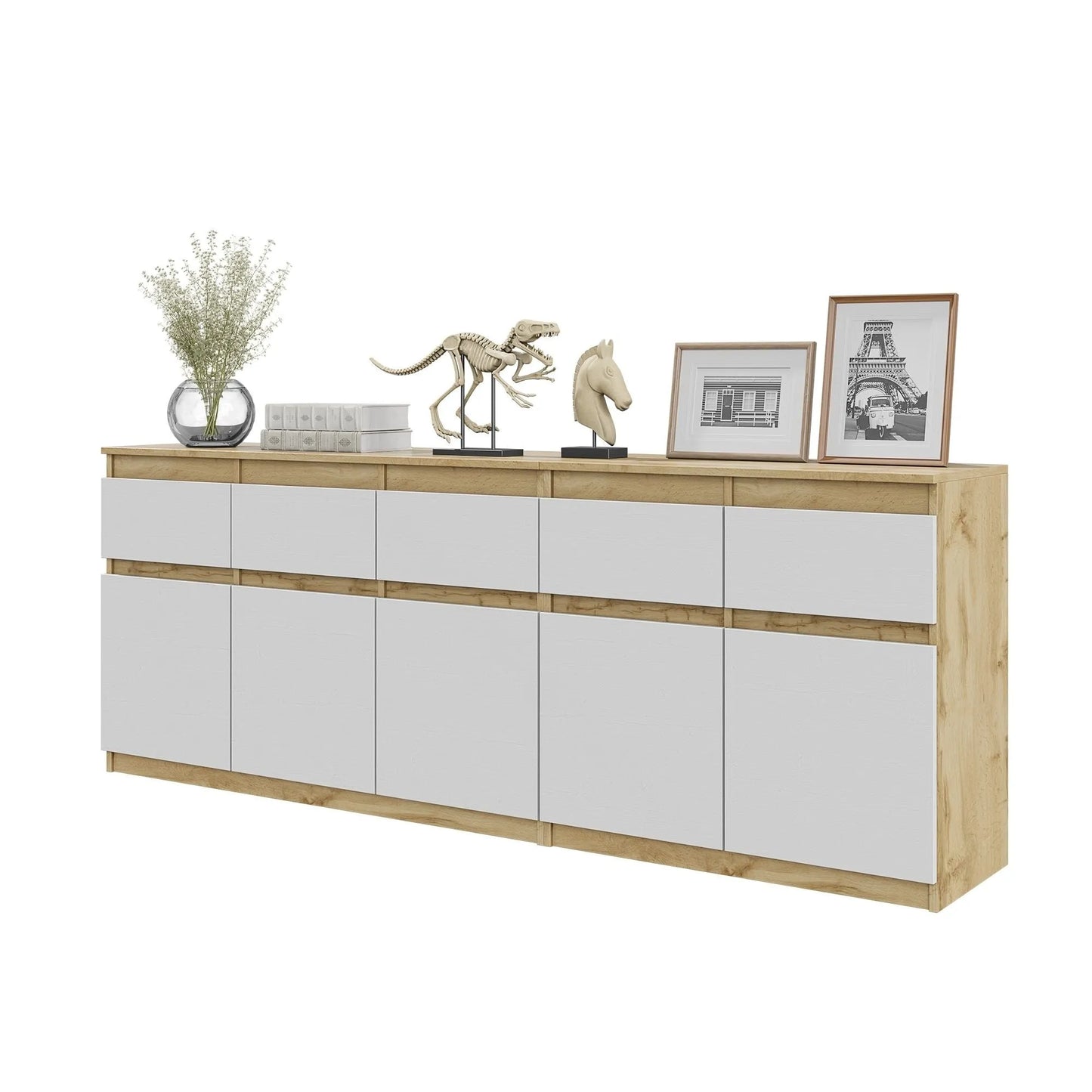 NOAH - Kommode mit 5 Schubladen und 5 Türen - Schlafzimmer Kommode Aufbewahrung Schrank Sideboard - Wotan Eiche / Weiß Matt H75cm B200cm T35cm – Furnica