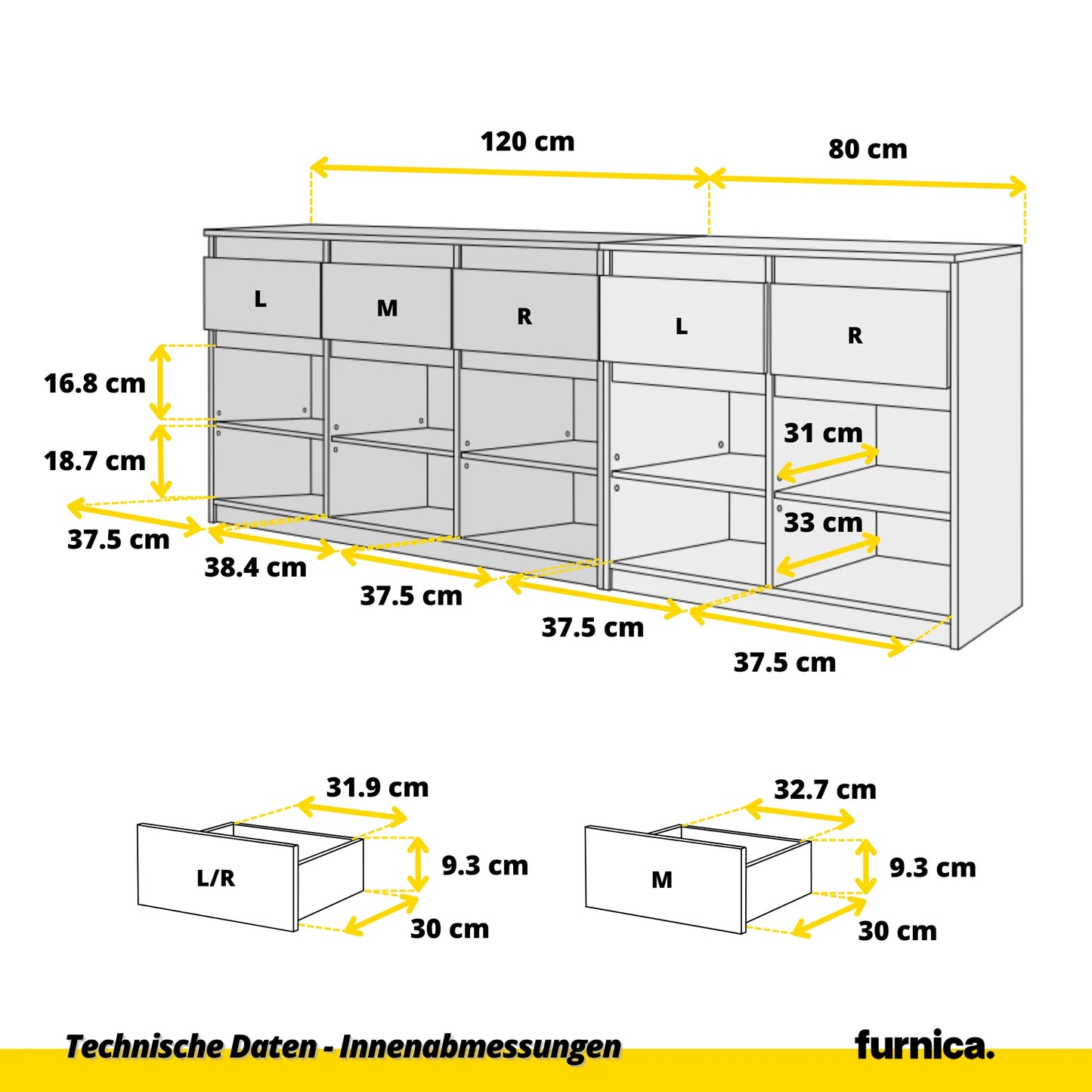 NOAH - Kommode mit 5 Schubladen und 5 Türen - Schlafzimmer Kommode Aufbewahrung Schrank Sideboard - Wotan Eiche H75cm B200cm T35cm – Furnica