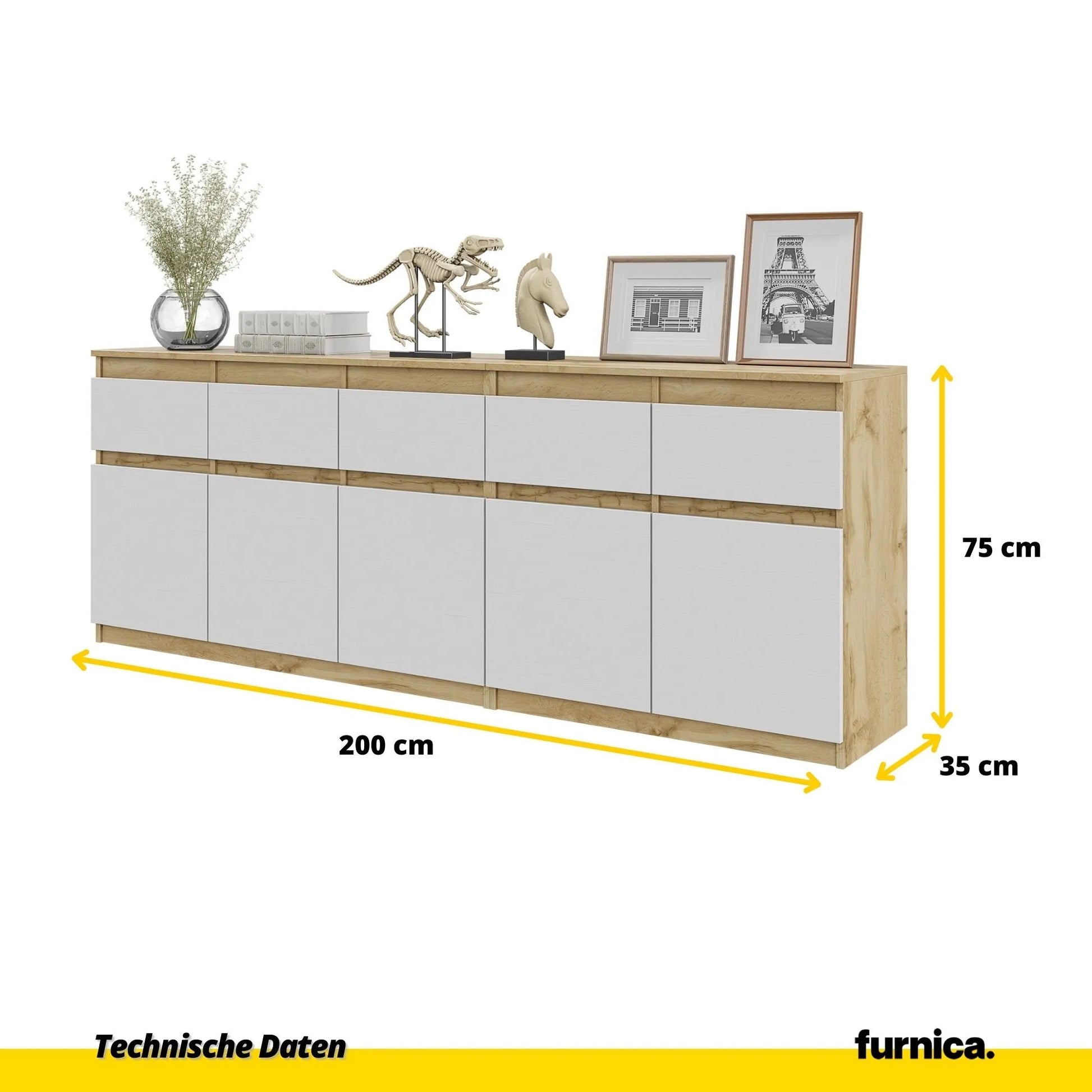 NOAH - Kommode mit 5 Schubladen und 5 Türen - Schlafzimmer Kommode Aufbewahrung Schrank Sideboard - Wotan Eiche / Weiß Matt H75cm B200cm T35cm – Furnica