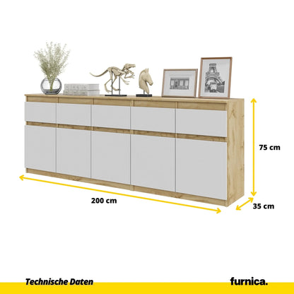 NOAH - Kommode mit 5 Schubladen und 5 Türen - Schlafzimmer Kommode Aufbewahrung Schrank Sideboard - Wotan Eiche / Weiß Matt H75cm B200cm T35cm – Furnica