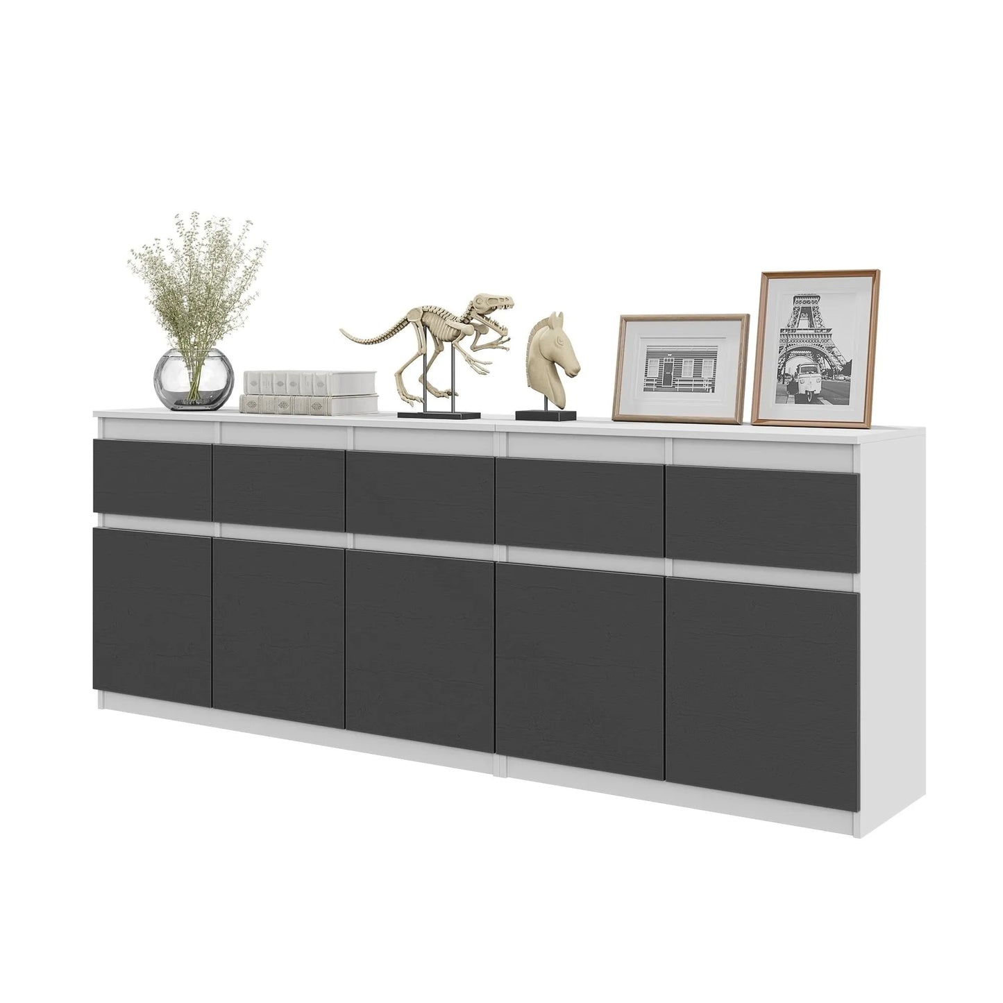 NOAH - Kommode mit 5 Schubladen und 5 Türen - Schlafzimmer Kommode Aufbewahrung Schrank Sideboard - Weiß Matt / Anthrazit H75cm B200cm T35cm – Furnica