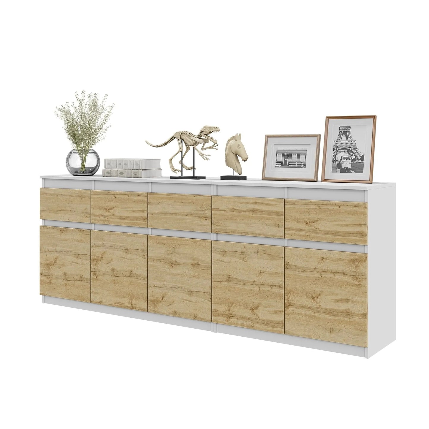 NOAH - Kommode mit 5 Schubladen und 5 Türen - Schlafzimmer Kommode Aufbewahrung Schrank Sideboard - Weiß Matt / Wotan Eiche H75cm B200cm T35cm – Furnica