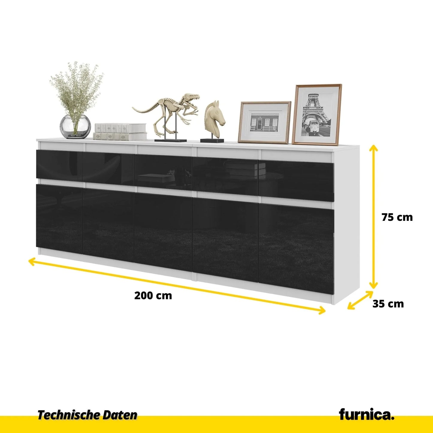 NOAH - Kommode mit 5 Schubladen und 5 Türen - Schlafzimmer Kommode Aufbewahrung Schrank Sideboard - Weiß Matt / Schwarz Glanz H75cm B200cm T35cm – Furnica