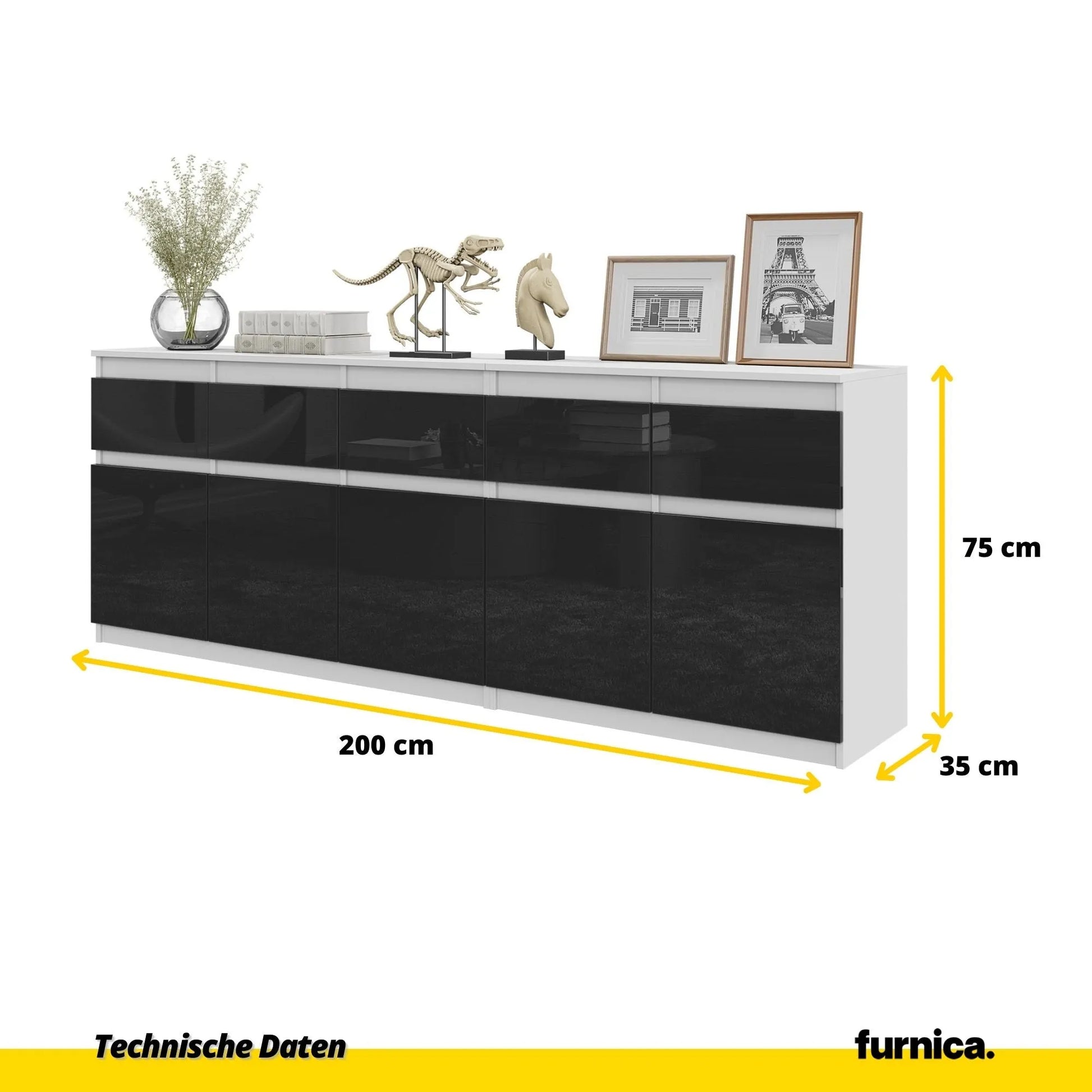 NOAH - Kommode mit 5 Schubladen und 5 Türen - Schlafzimmer Kommode Aufbewahrung Schrank Sideboard - Weiß Matt / Schwarz Glanz H75cm B200cm T35cm – Furnica