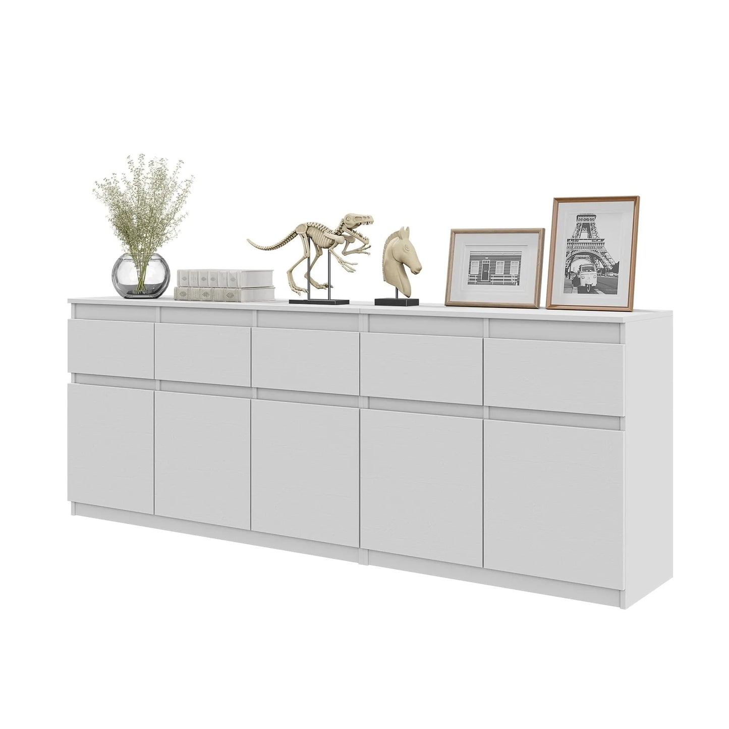 NOAH - Kommode mit 5 Schubladen und 5 Türen - Schlafzimmer Kommode Aufbewahrung Schrank Sideboard - Weiß Matt / Weiß Matt H75cm B200cm T35cm – Furnica