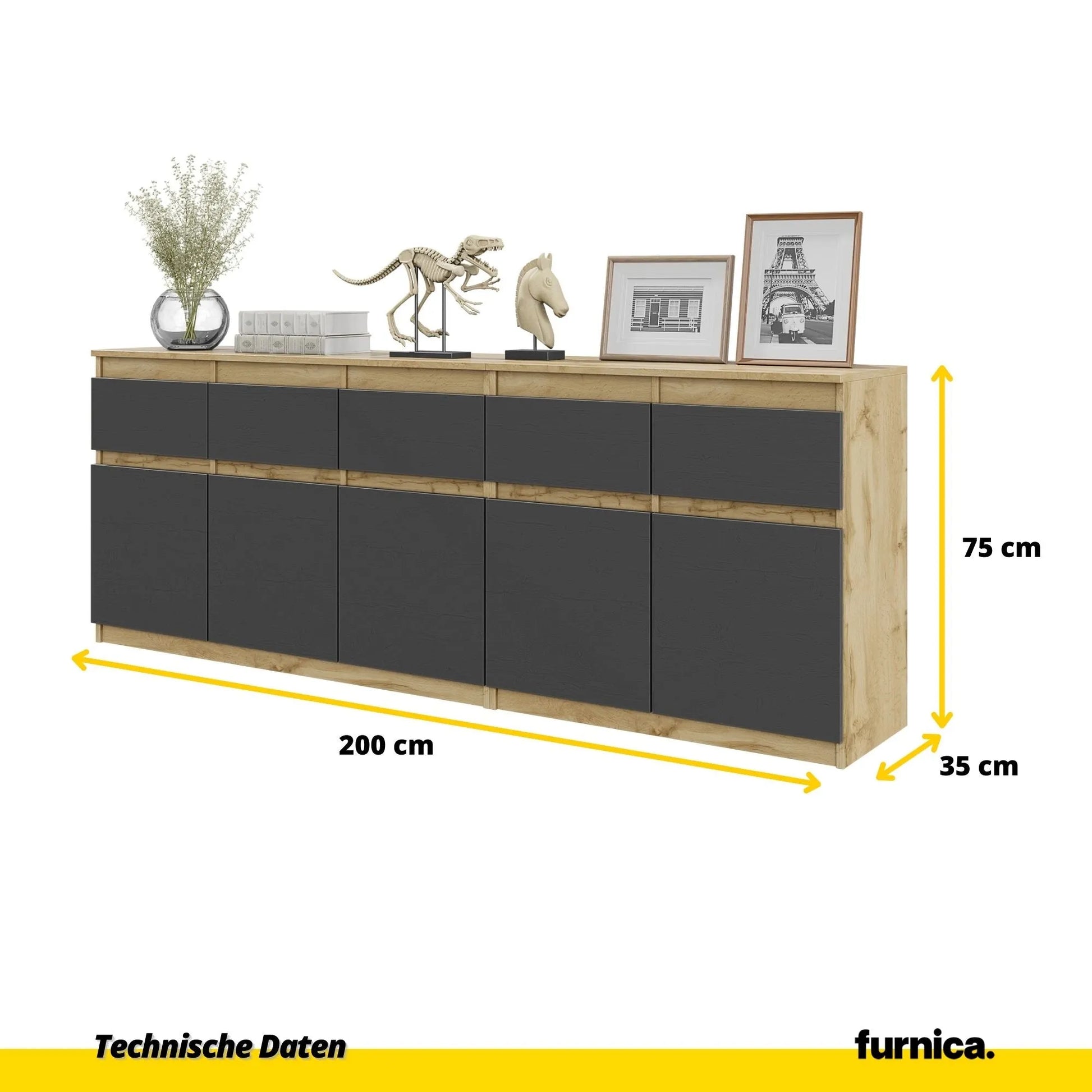 NOAH - Kommode mit 5 Schubladen und 5 Türen - Schlafzimmer Kommode Aufbewahrung Schrank Sideboard - Wotan Eiche / Anthrazit H75cm B200cm T35cm – Furnica
