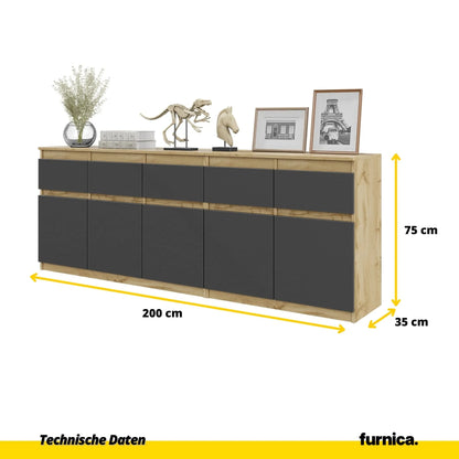 NOAH - Kommode mit 5 Schubladen und 5 Türen - Schlafzimmer Kommode Aufbewahrung Schrank Sideboard - Wotan Eiche / Anthrazit H75cm B200cm T35cm – Furnica