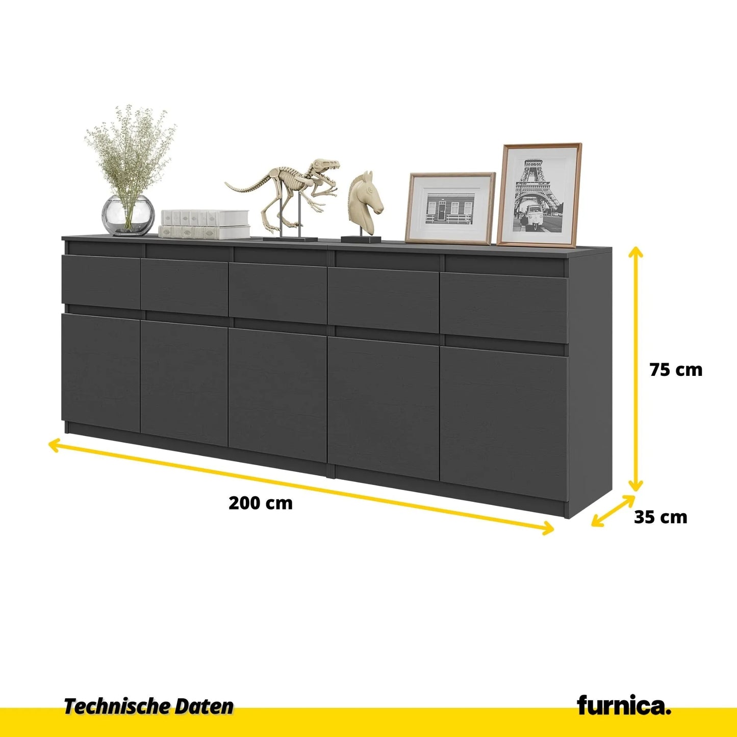 NOAH - Kommode mit 5 Schubladen und 5 Türen - Schlafzimmer Kommode Aufbewahrungsschrank Sideboard - Anthrazit H75cm B200cm T35cm – Furnica