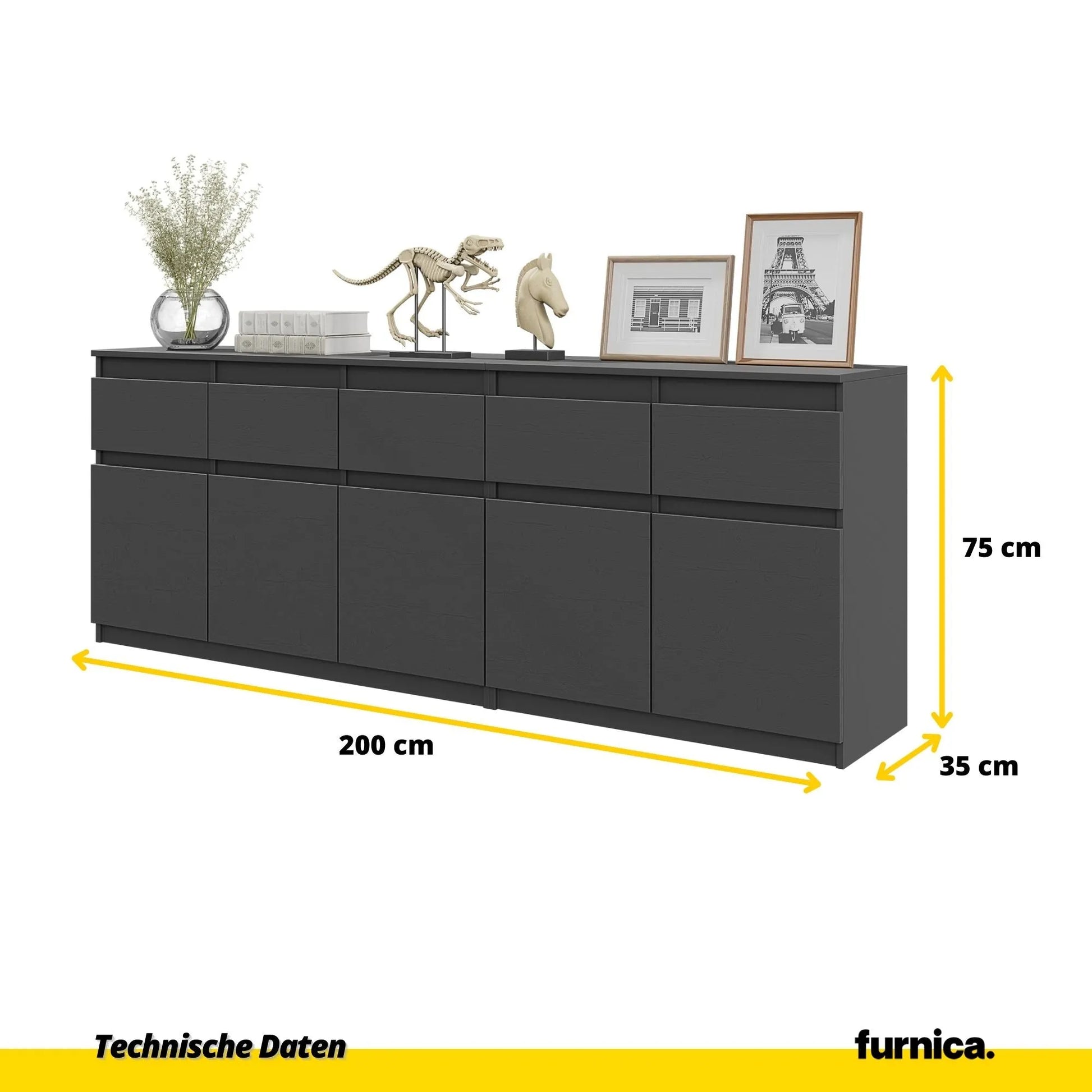 NOAH - Kommode mit 5 Schubladen und 5 Türen - Schlafzimmer Kommode Aufbewahrungsschrank Sideboard - Anthrazit H75cm B200cm T35cm – Furnica